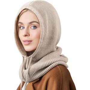 Women Scarf Hat Balaclava Beanie Skull Cap with Drawstring Warm Hat Camel